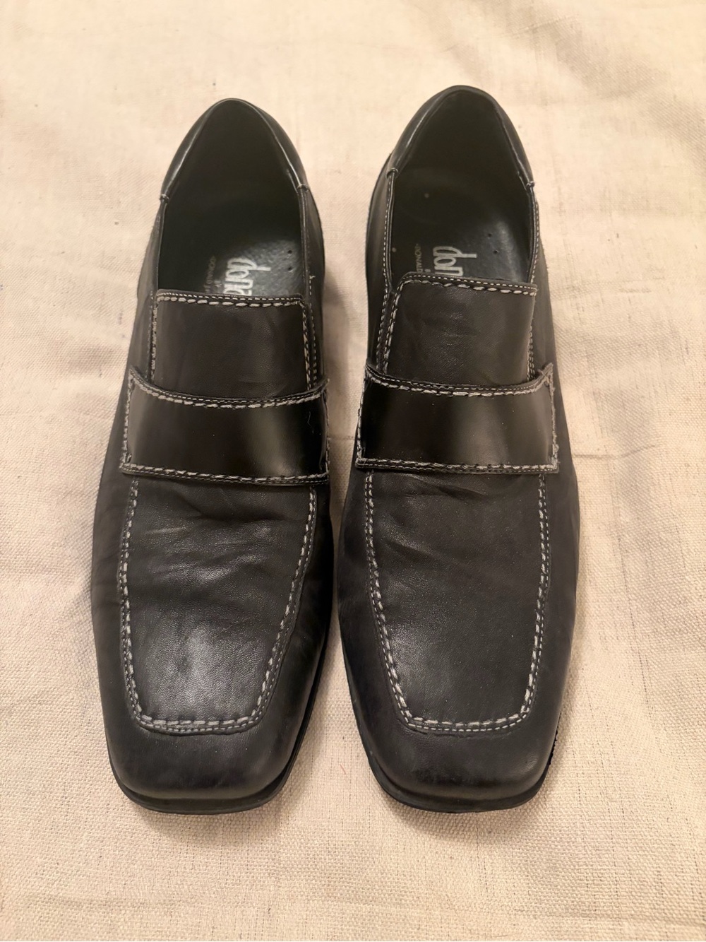 Black Leather Slip-On Loafers with Contrast Stitching by